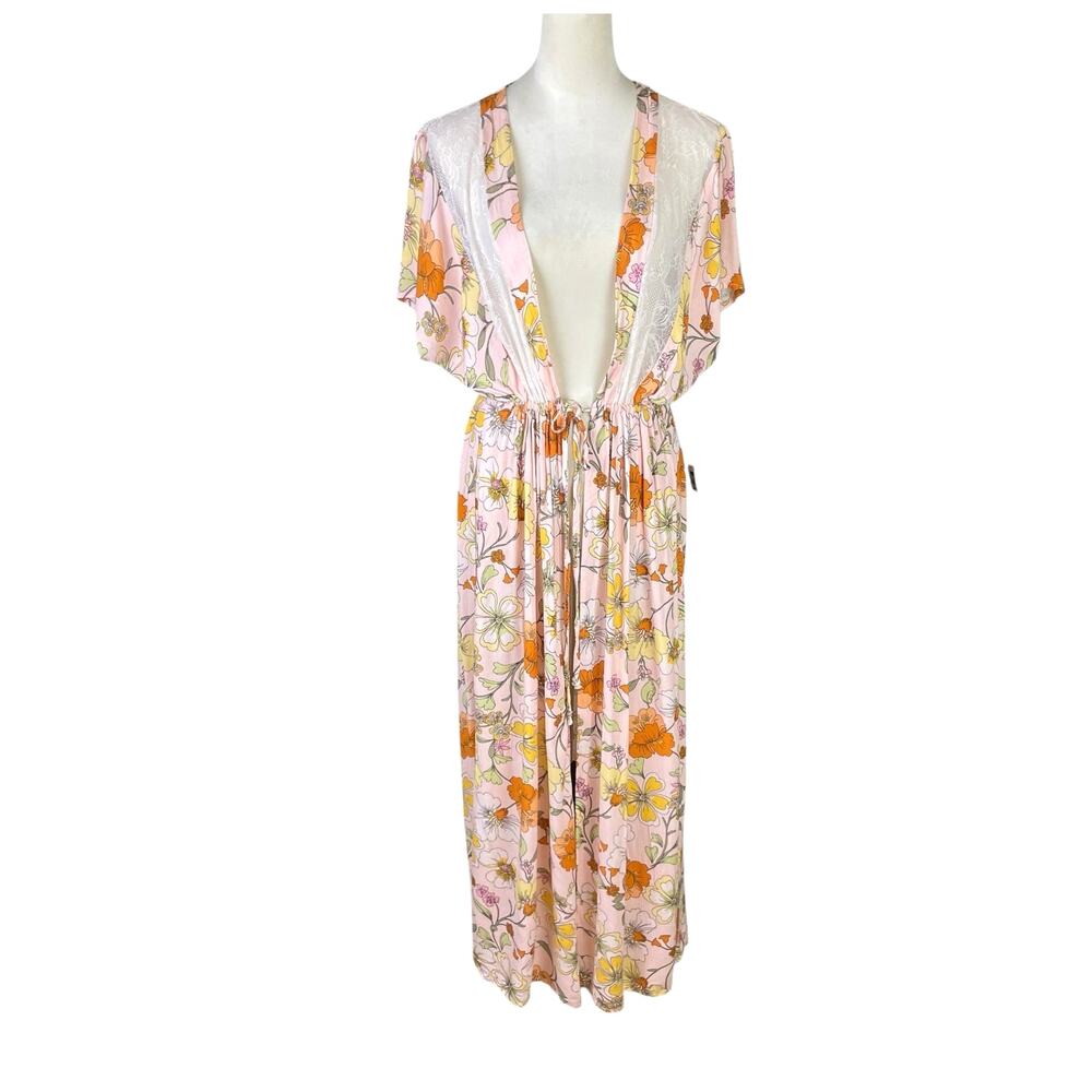 Liberty Love NWT Pink Floral & Lace Open Long Duster Layering Swim Coverup